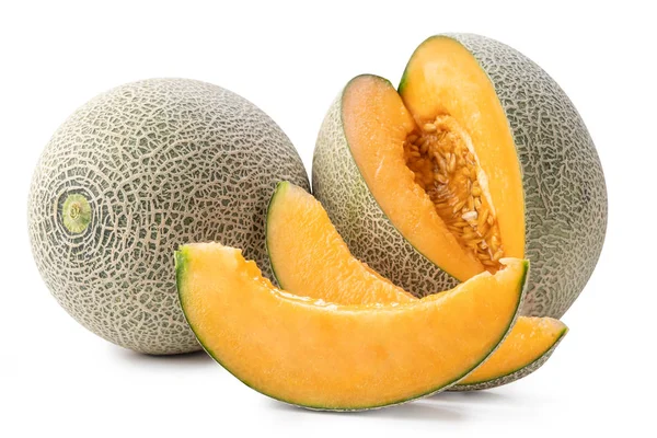Nahaufnahme, Pfad abschneiden, herausschneiden. schöne leckere Scheiben Rock Cantaloup Melone isoliert auf weißem Hintergrund — Stockfoto