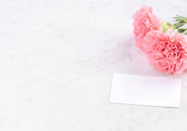 Alanı kopyala, kapat, alay et, yolu kırp. Anneler günü ifade konsept tasarımı. Parlak mermer arka plan üzerinde izole güzel taze çiçekbebek pembe renk karanfiller.