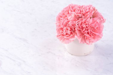 Alanı kopyala, kapat, alay et, yolu kırp. Anneler günü ifade konsept tasarımı. Parlak mermer arka plan üzerinde izole güzel taze çiçekbebek pembe renk karanfiller.