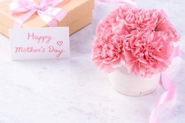 Alanı kopyala, kapat, alay et, yolu kırp. Anneler günü ifade konsept tasarımı. Parlak mermer arka plan üzerinde izole güzel taze çiçekbebek pembe renk karanfiller.