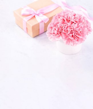 Alanı kopyala, kapat, alay et, yolu kırp. Anneler günü ifade konsept tasarımı. Parlak mermer arka plan üzerinde izole güzel taze çiçekbebek pembe renk karanfiller.