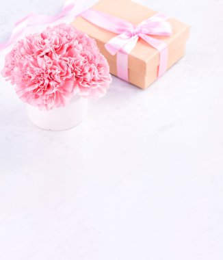 Alanı kopyala, kapat, alay et, yolu kırp. Anneler günü ifade konsept tasarımı. Parlak mermer arka plan üzerinde izole güzel taze çiçekbebek pembe renk karanfiller.