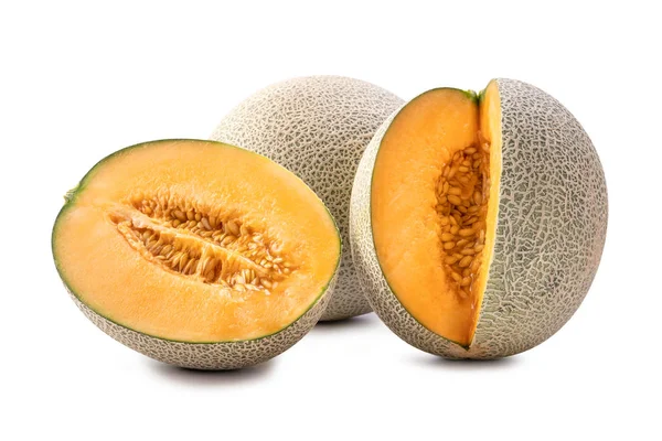 Sliced cantaloupe - Close up, clipping path, cut out. Beautiful tasty fresh ripe rock cantaloup melon fruit with seeds isolated on white background. — Stock Photo, Image