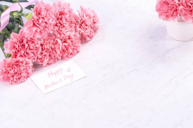 Tasarım konsepti - Mermer beyaz arka plan üzerinde karanfil Güzel demet, üst görünüm, kopya alanı, yakın, alay. Anneler günü hediye fikir ilham.