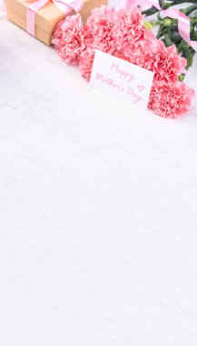 Tasarım konsepti - Mermer beyaz arka plan üzerinde karanfil Güzel demet, üst görünüm, kopya alanı, yakın, alay. Anneler günü hediye fikir ilham.