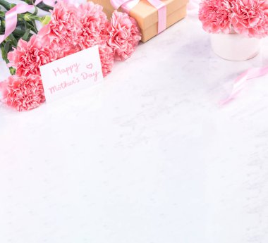 Tasarım konsepti - Mermer beyaz arka plan üzerinde karanfil Güzel demet, üst görünüm, kopya alanı, yakın, alay. Anneler günü hediye fikir ilham.