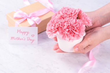 Tasarım konsepti - Kadın mermer beyaz arka plan, üst görünüm, kopya alanı, yakın, alay üzerine karanfil buket veren. Anneler günü fikir ilham.