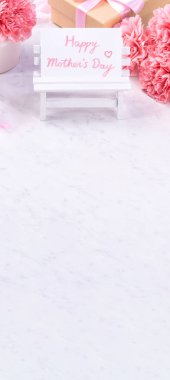 Tasarım konsepti - Mermer beyaz arka plan üzerinde karanfil Güzel demet, üst görünüm, kopya alanı, yakın, alay. Anneler günü hediye fikir ilham.