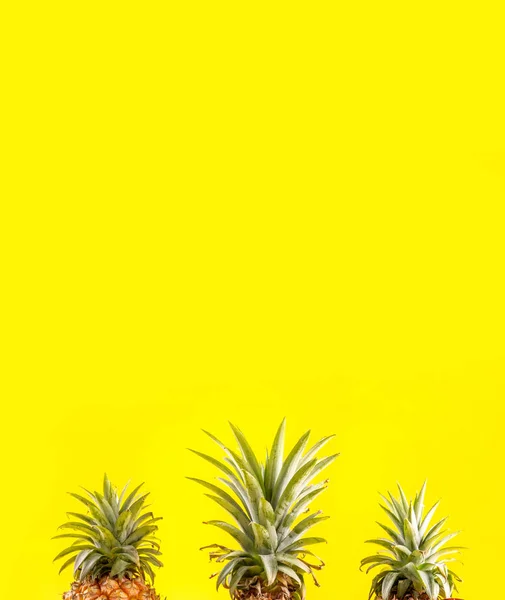 Ananas créatif regardant vers le haut avec des lunettes de soleil et une coquille isolée sur fond jaune, motif de conception d'idée de plage de vacances d'été, espace de copie rapproché — Photo