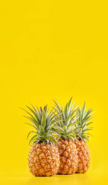 Parlak sarı arka plan izole güzel taze ananas, yaz mevsim meyve tasarım fikir desen kavramı, kopya alanı, yakın