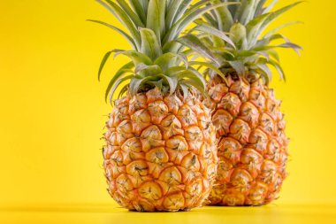 Parlak sarı arka plan izole güzel taze ananas, yaz mevsim meyve tasarım fikir desen kavramı, kopya alanı, yakın