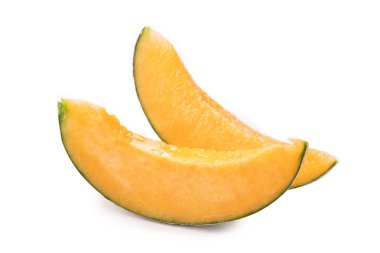Güzel lezzetli dilimlenmiş sulu kavun, miskmelon, beyaz arka plan izole kaya kavun, yakın, kırpma yolu, kesip.