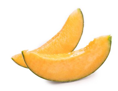 Güzel lezzetli dilimlenmiş sulu kavun, miskmelon, beyaz arka plan izole kaya kavun, yakın, kırpma yolu, kesip.