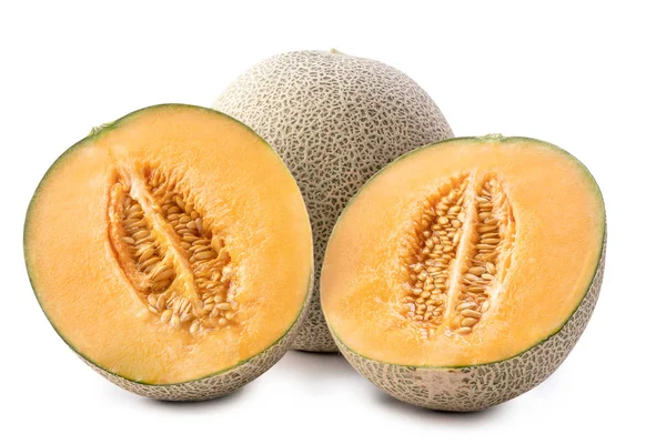 Vackra läckra skivade saftiga Cantaloupe melon, muskmelon, rock melon isolerad på vit bakgrund, närbild, urklippsbana, klippa ut. — Stockfoto