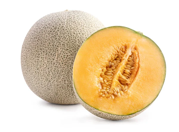 Vackra läckra skivade saftiga Cantaloupe melon, muskmelon, rock melon isolerad på vit bakgrund, närbild, urklippsbana, klippa ut. — Stockfoto