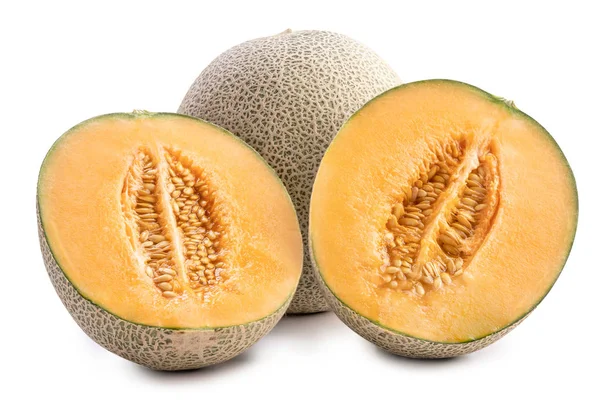 Vackra läckra skivade saftiga Cantaloupe melon, muskmelon, rock melon isolerad på vit bakgrund, närbild, urklippsbana, klippa ut. — Stockfoto