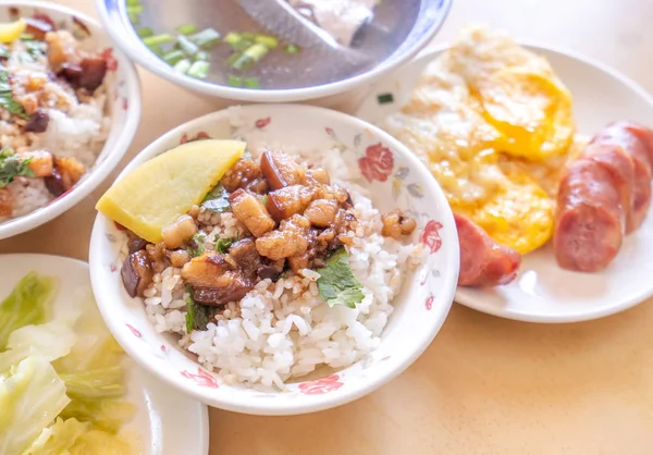 Braised pork over rice - Taiwan famous traditional street food delicacy. Soy-stewed pork on rice. Travel design concept. Top view,copy space,close up — Stock Photo, Image