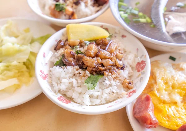 Braised pork over rice - Taiwan famous traditional street food delicacy. Soy-stewed pork on rice. Travel design concept. Top view,copy space,close up — Stock Photo, Image