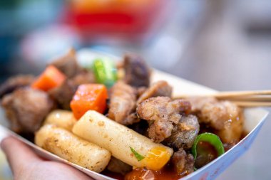 Kore geleneksel pazarda tavada siyah domuz yemeği, havuç ve arpacık yeşil soğan ile lezzetli Kore gıda mutfağı, yakın, kopya alanı