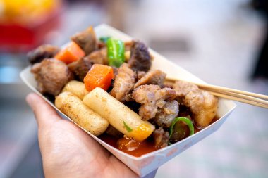 Kore geleneksel pazarda tavada siyah domuz yemeği, havuç ve arpacık yeşil soğan ile lezzetli Kore gıda mutfağı, yakın, kopya alanı