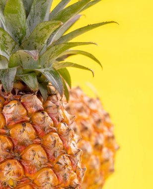 Parlak sarı arka plan izole güzel taze ananas, yaz mevsim meyve tasarım fikir desen kavramı, kopya alanı, yakın