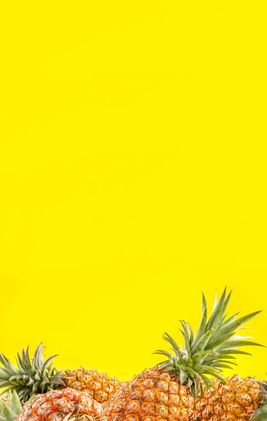 Hermosa piña fresca aislada sobre fondo amarillo brillante, concepto de patrón de idea de diseño de fruta estacional de verano, espacio de copia, primer plano — Foto de Stock