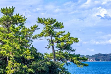 Güneşli bir gün mavi okyanus üzerinde birçok küçük adalar, ünlü Kujukushima (99 adalar) Sasebo Saikai Milli Parkı, Nagasaki, Kyushu, Japonya 'da Pearl Sea Resort Islet.