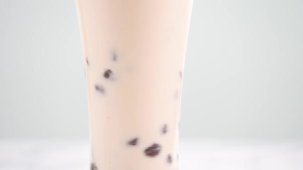 Stirring Tapioca Pearl Bubble Milk Tea Drinking Glass Tasty Taiwanese — Stock Video
