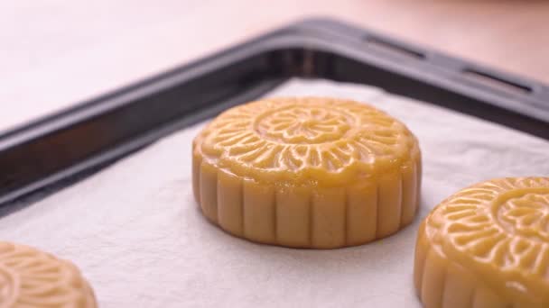 Process Making Moon Cake Mid Autumn Festival Woman Brushing Egg — Stock Video