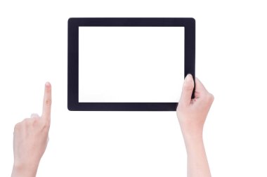 Beyaz arka plan izole beyaz ekran ile siyah tablet pc şablonu tutan genç güzel kız, yakın, mock up, kırpma yolu, kesip