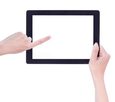 Beyaz arka plan izole beyaz ekran ile siyah tablet pc şablonu tutan genç güzel kız, yakın, mock up, kırpma yolu, kesip