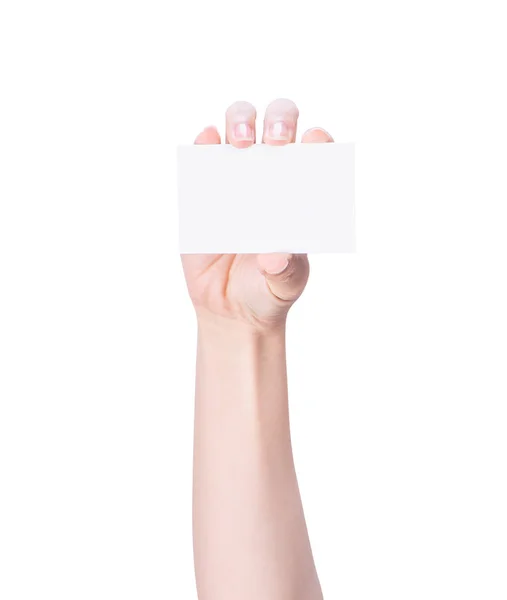 Jonge Azië schoon meisje hand houden van een lege Kraft bruin papier kaart sjabloon geïsoleerd op witte achtergrond, knippen pad, close-up, mock up, uitgesneden — Stockfoto