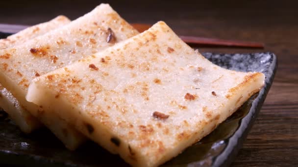 Pouring Black Soy Sauce Ready Eat Delicious Turnip Cake Chinese — Stock Video