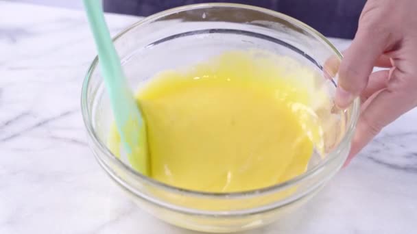 Mixing Egg Yolk Chiffon Cake Batter Green Silicone Spatula Mixer — Stock Video