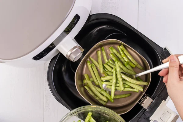 Air Fryer Meal Cooking Green Bean Pidan Dishes Cookery Airfryer — Stock Photo, Image