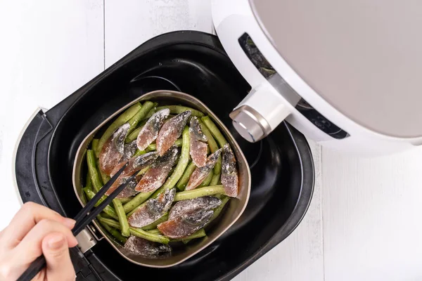 Air Fryer Meal Cooking Green Bean Pidan Dishes Cookery Airfryer — Stock Photo, Image