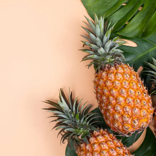 Beautiful pineapple on tropical palm monstera leaves isolated on bright pastel orange yellow background, top view, flat lay, overhead above summer fruit.