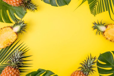 Parlak pastel arka planda izole edilmiş tropikal palmiye yaprakları üzerinde güzel ananas. Üst manzara, düz yer, yaz meyvelerinin üzerinde..