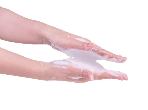 Lavarsi Mani Isolate Sfondo Bianco Asiatica Giovane Donna Con Sapone — Foto Stock