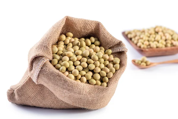 stock image Yellow-green Taiwanese organic non-GMO soybeans, soy beans in a container isolated on white backgorund, close up, clipping path.