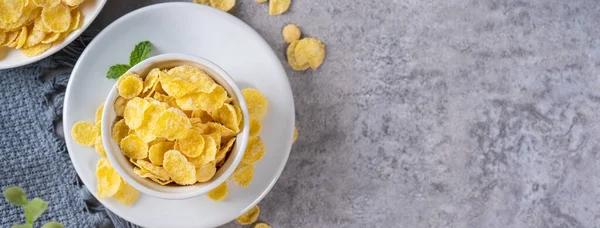 Corn Flakes Bowl Sweets Gray Cement Background Top View Flat — Stock Photo, Image