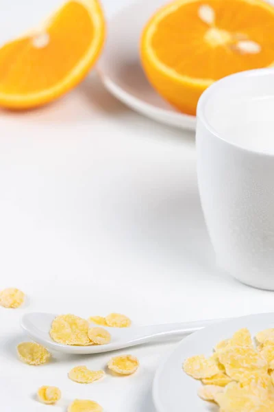 Corn Flakes Bowl Sweeties Milk Orange White Background Close Fresh — Stock Photo, Image