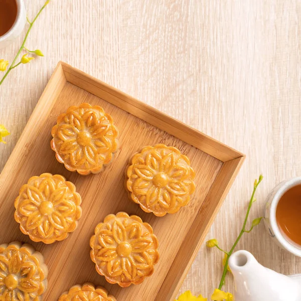 Mid Autumn Festival Holiday Concept Design Moon Cake Mooncakes Tea — Stock Photo, Image