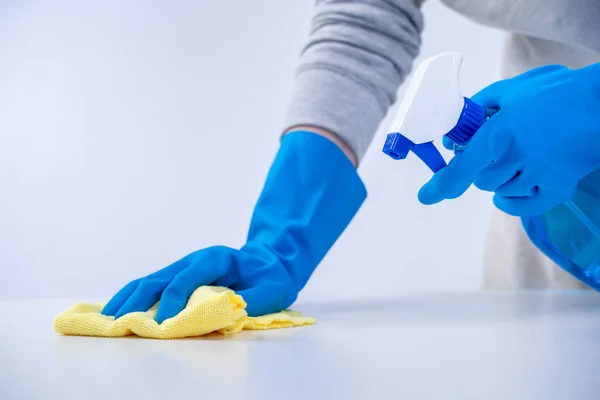 Young Woman Housekeeper Apron Cleaning Wiping Table Surface Blue Gloves — Stock Photo, Image