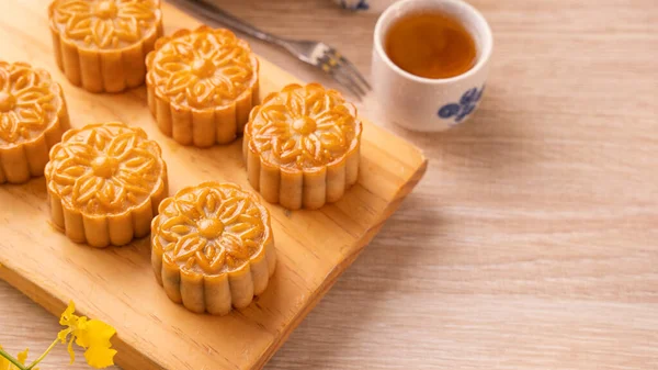 Mid Autumn Festival Holiday Concept Design Moon Cake Mooncakes Tea — Stock Photo, Image