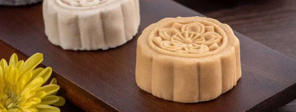 Colorful beautiful moon cake, mung bean cake, Champion Scholar Pastry cake for Mid-Autumn festival traditional gourmet dessert snack, close up.