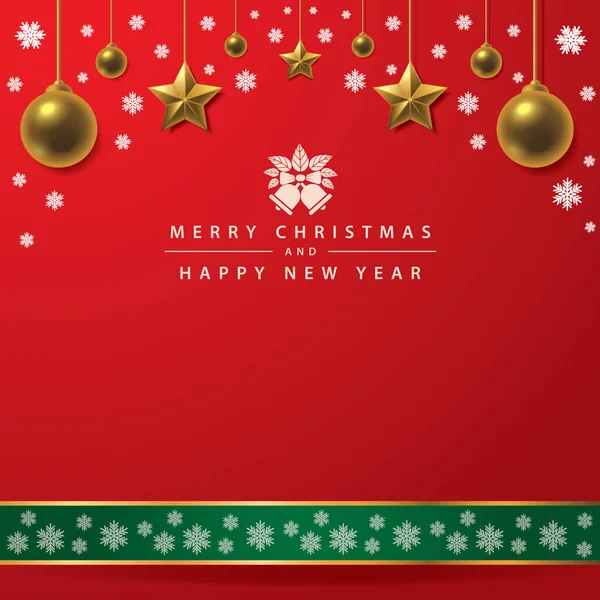 Merry Christmas Happy New Year Typography Red Background Gold Ball — Stock Vector