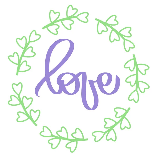 手写的字母单词 紫罗兰标志爱在圆框 绿色框架轮 婚礼甜蜜的卡 可爱的婚礼邀请的光插图 紫色妇女口号 — 图库矢量图片