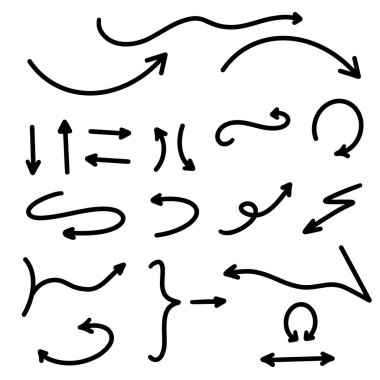 Ok. El çizilmiş ok koleksiyonu vektör Illustration ayarlayın. EPS 8. Beyaz arka planda izole siyah renk el çizilmiş oklar