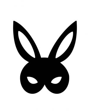 Mutlu bunny bdsm maskesi. Kadın kartı. Feminist boya. Poster, t shirt baskı, kartpostal, sosyal medya kartı, video blog kapağı için vektör el çizimi tasarım. Feminizm illüstrasyon. Siyah beyaz.